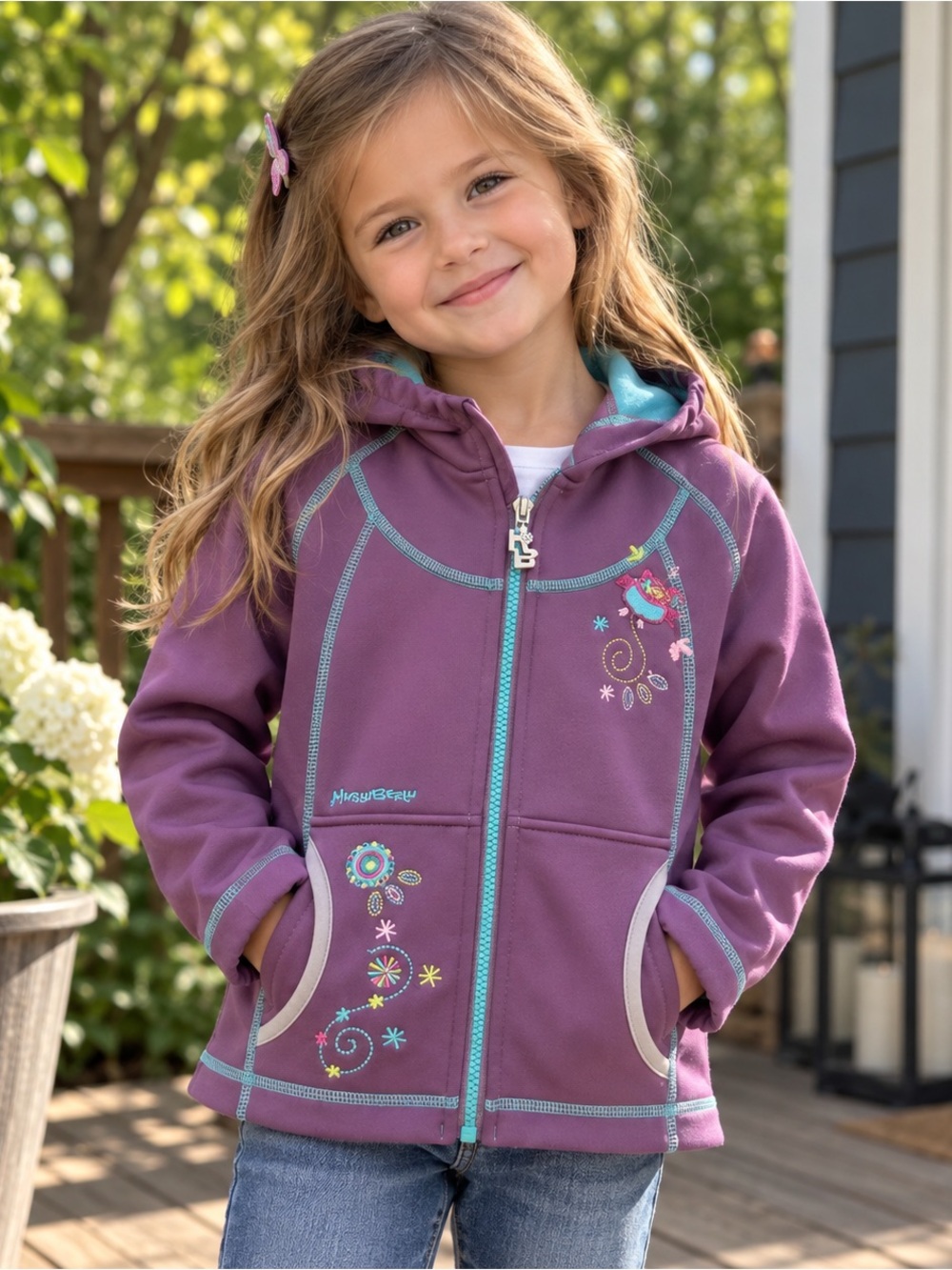 Hurlu Berlu Girls Purple Softshell Hooded Jacket Embroidered Floral | Size 5